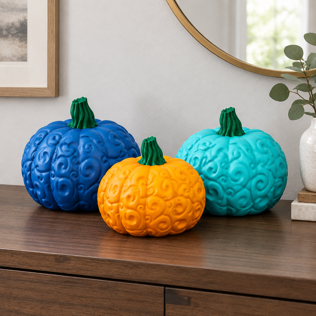 Blue and turquoise pumpkins on entryway console