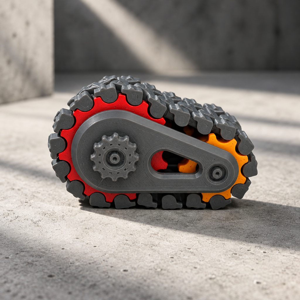 Grey Tank Track Gear Fidget on pale concrete with dramatic shadows