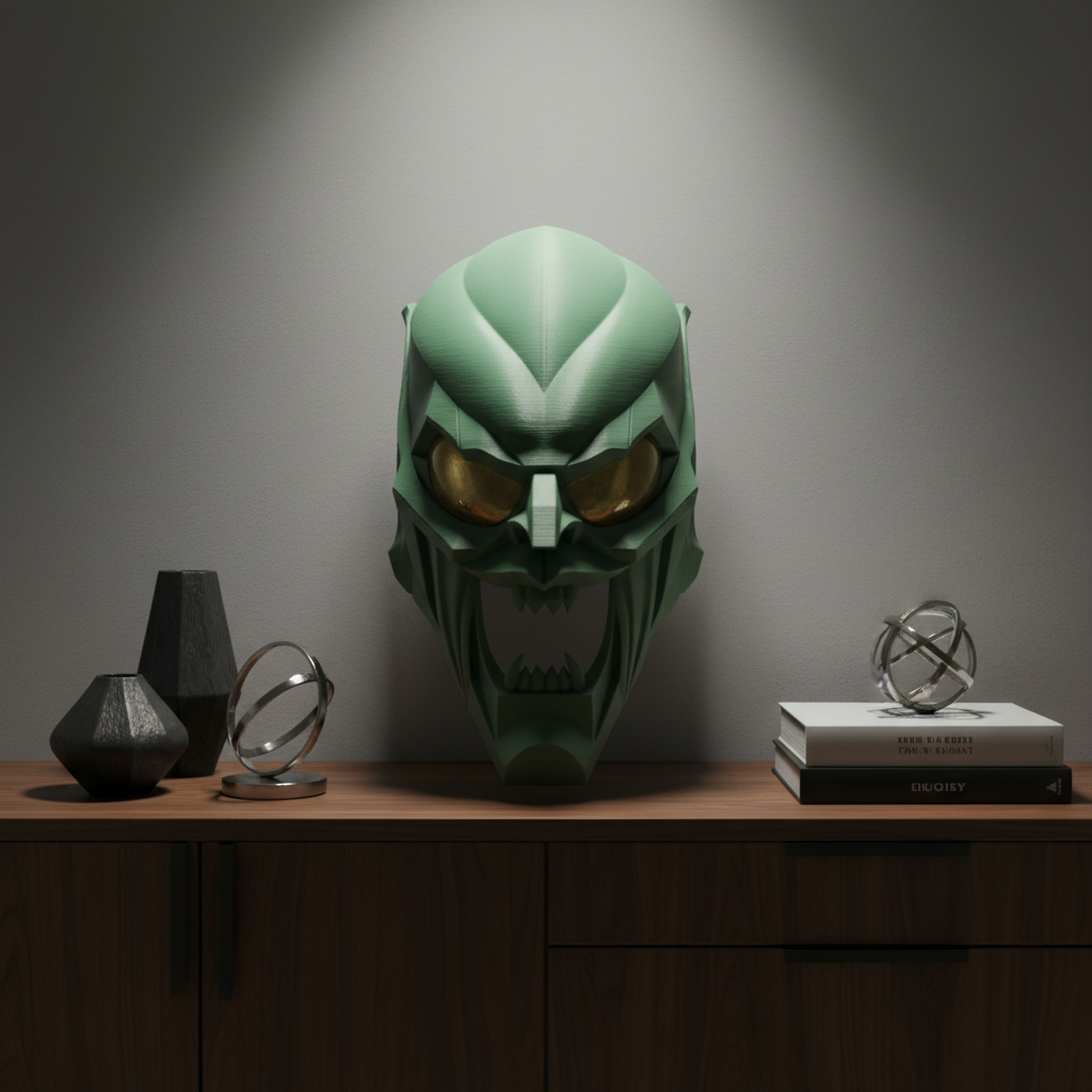 Clean green geometric villain mask sculpture displayed on a dark sideboard in a home office