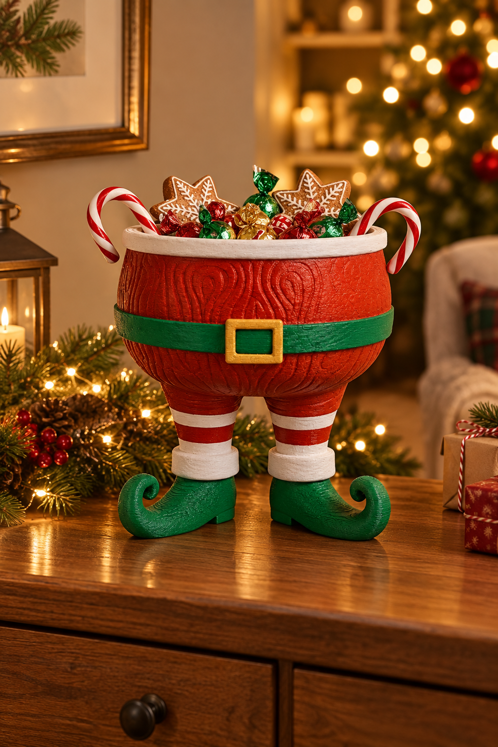 Santa sweet bowl with wrapped treats on a sideboard under warm festive lights
