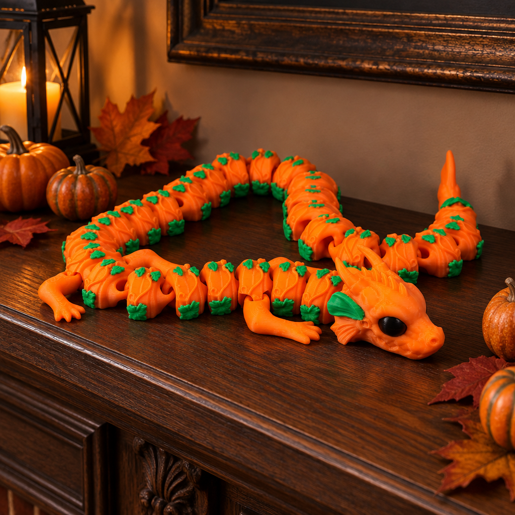 Pumpkin Dragon coiled on Halloween mantel