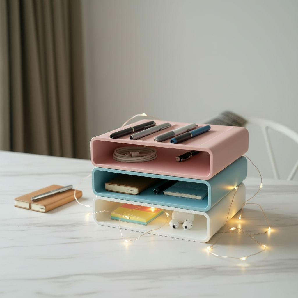 Dusty pink stackable organizer on a marble desk with fairy lights and notebook