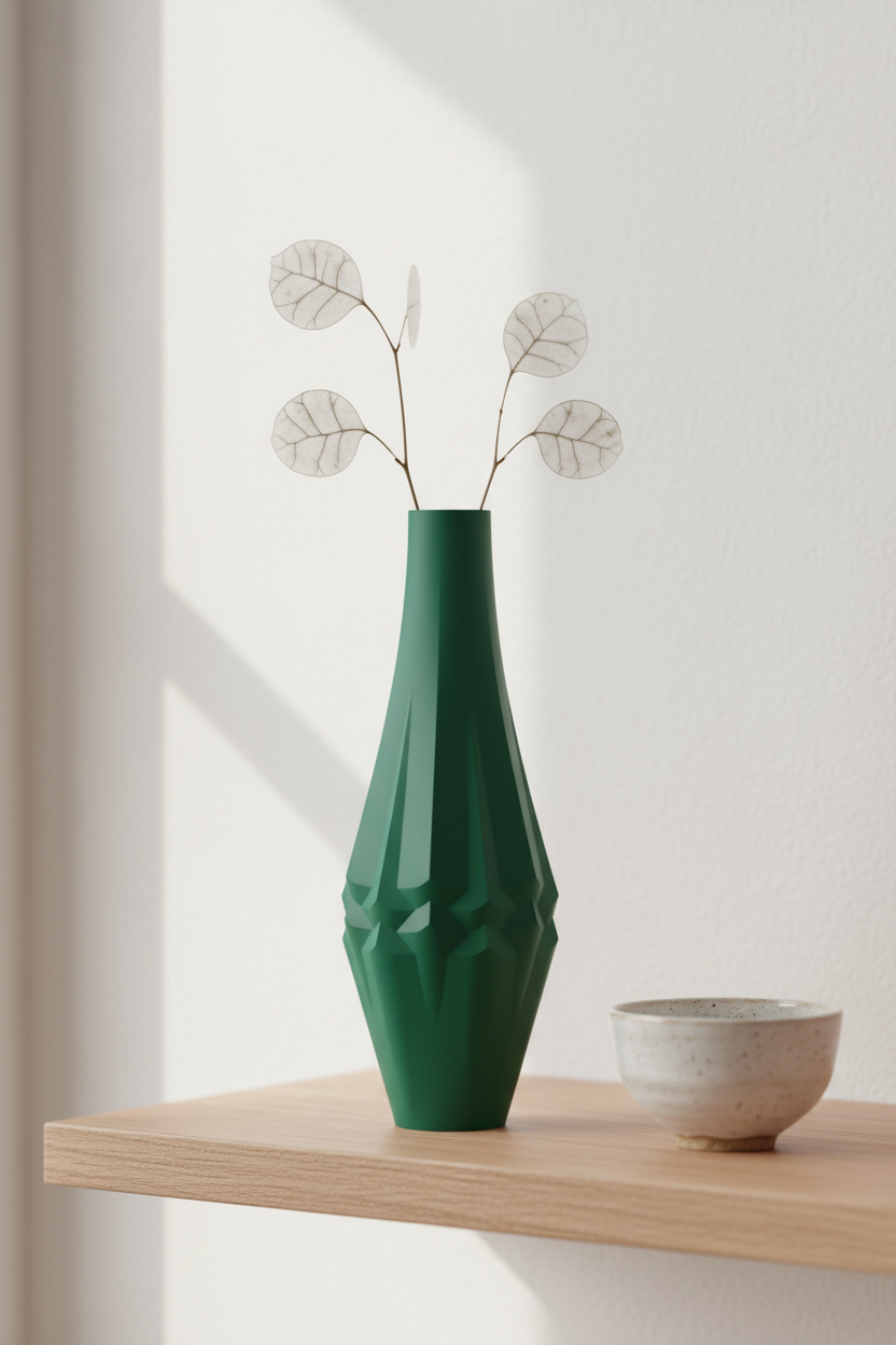 Twist Panel Vase deep forest green matte angular faceted panel mid-body twist narrow tapered neck dried white lunaria seed pods pale oak shelf bright Japandi minimal living room small ceramic bowl soft morning window light portrait