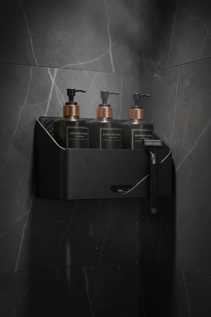 Matte black Hydro Holder wall-mounted organizer on dark marble bathroom tiles with luxury bottles