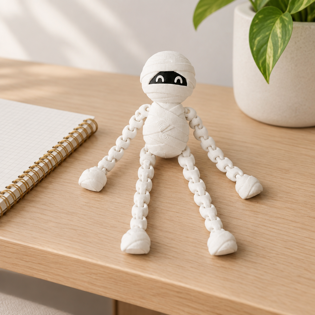 White skeleton fidget with linked limbs sitting on a pale oak desk