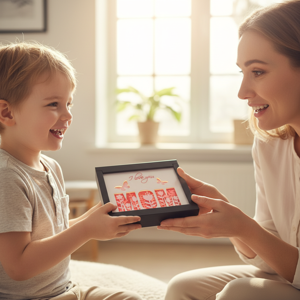 Mother's Day Shadow Box being presented as a gift by a smiling child to their mum on Mother's Day