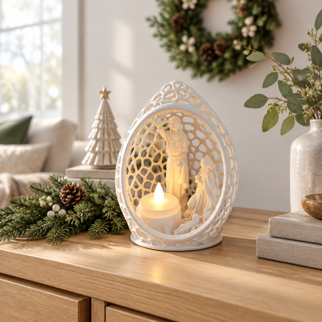 Oval lattice Nativity tealight scene on a light oak console in a calm Christmas room