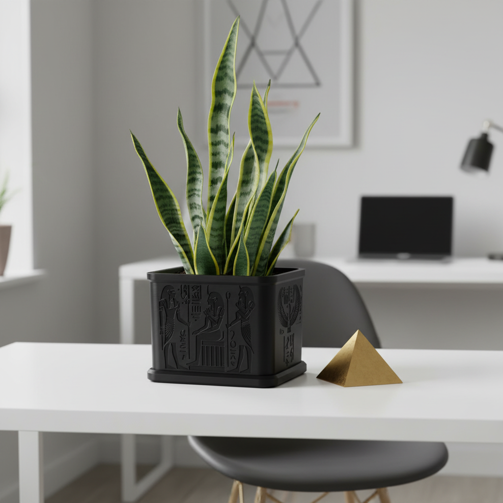 Matte black King Tut shrine plant pot with a snake plant on a minimalist desk with a golden pyramid ornament