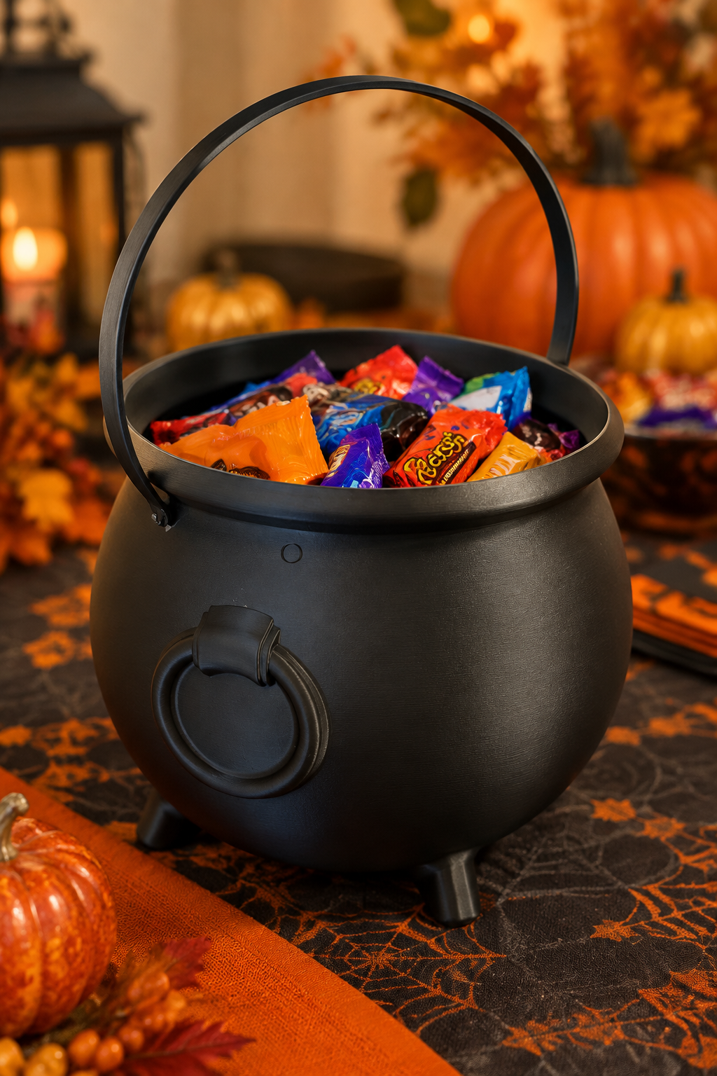 Close three-quarter view of the black cauldron tray filled with Halloween sweets