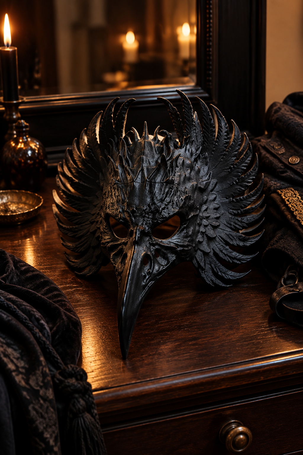 Black feathered Raven Mask on a dark wood dressing table