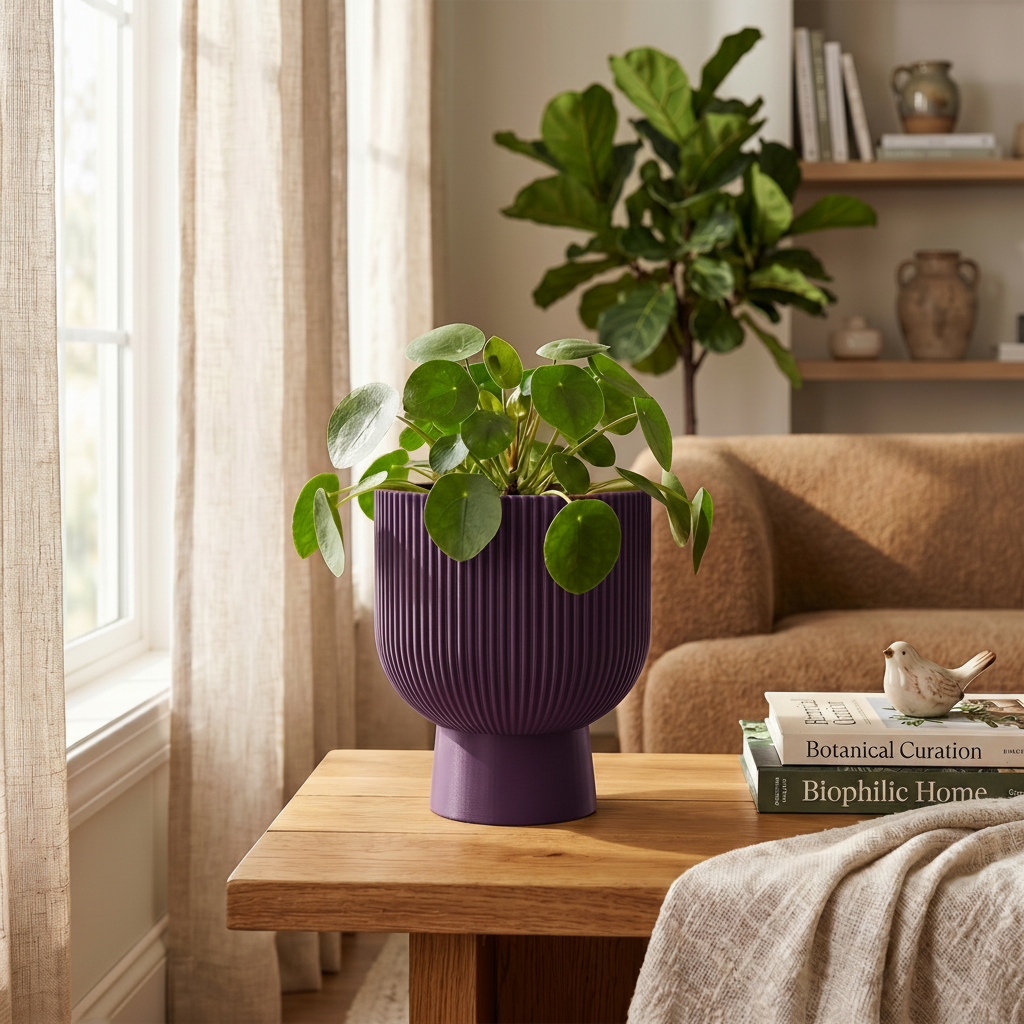 Ribbed Pedestal Planter in purple — contemporary living room lifestyle