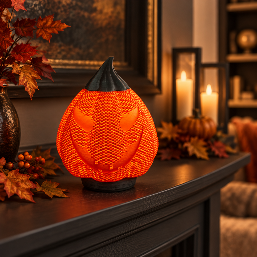 Orange mesh-look Evil Pumpkin decoration on a dark mantel in a warm Halloween living room