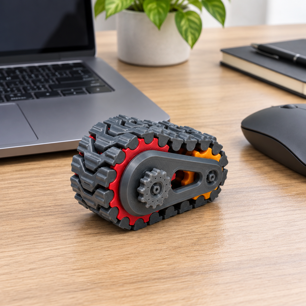 Grey Tank Track Gear Fidget beside a laptop in a tidy workspace