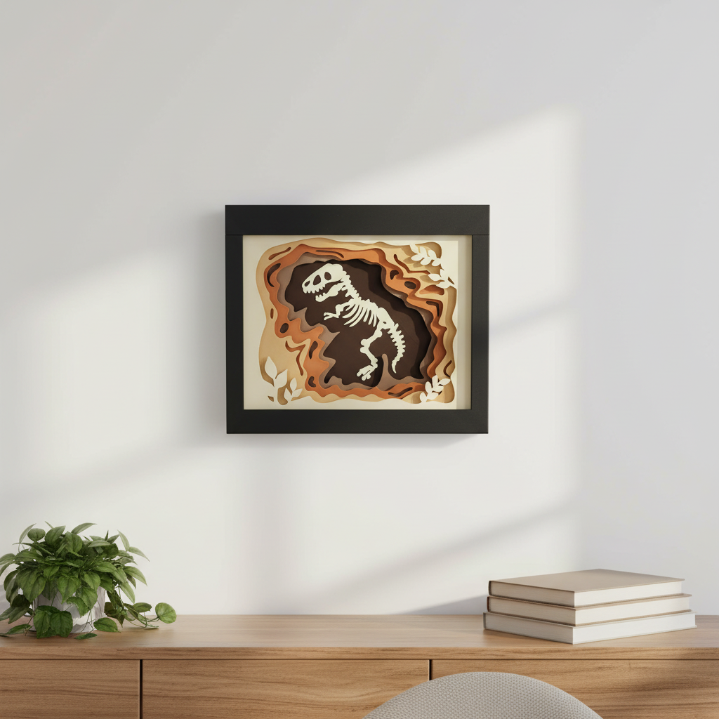 Dinosaur Shadow Box displayed on white living room wall above wooden sideboard with plant and books