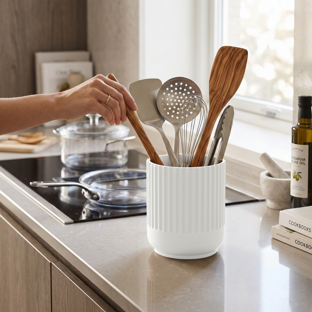 Japandi-Style Kitchen Utensil Holder in white — lifestyle shot on pale grey stone worktop, Japandi kitchen