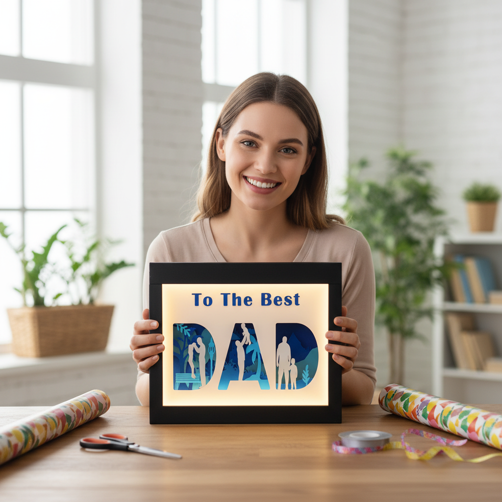 To The Best Dad shadow box being held up as a gift by a smiling woman wrapping it for Father's Day