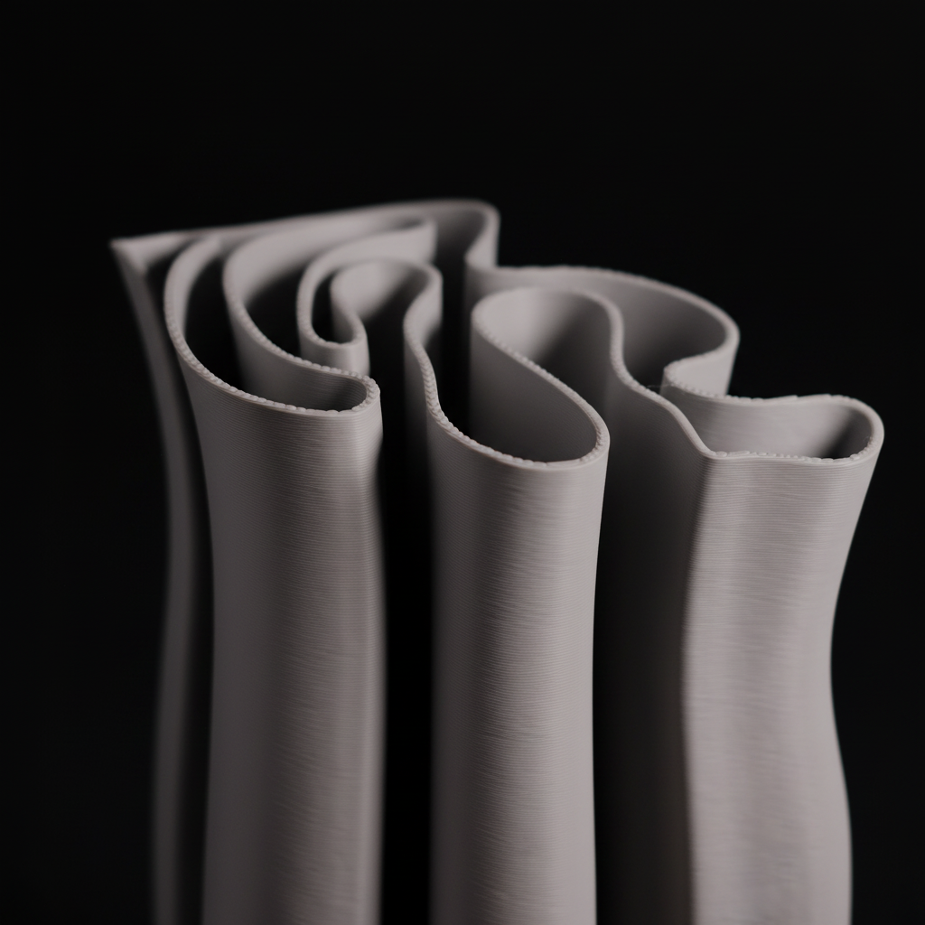 Fabric Ripple Vase extreme macro close up undulating fabric-fold tube forms sinuous wavy ripple rim warm taupe grey matte finish pure black studio background soft directional raking light every undulating fold shadow valley precise sculptural detail square editorial