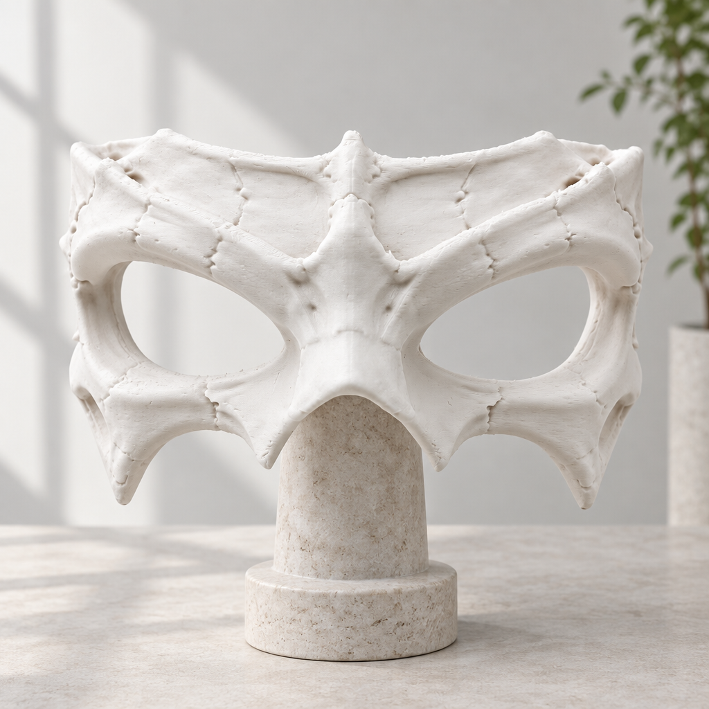 White Bone Wraith Mask displayed on a pale stone stand in a bright studio.