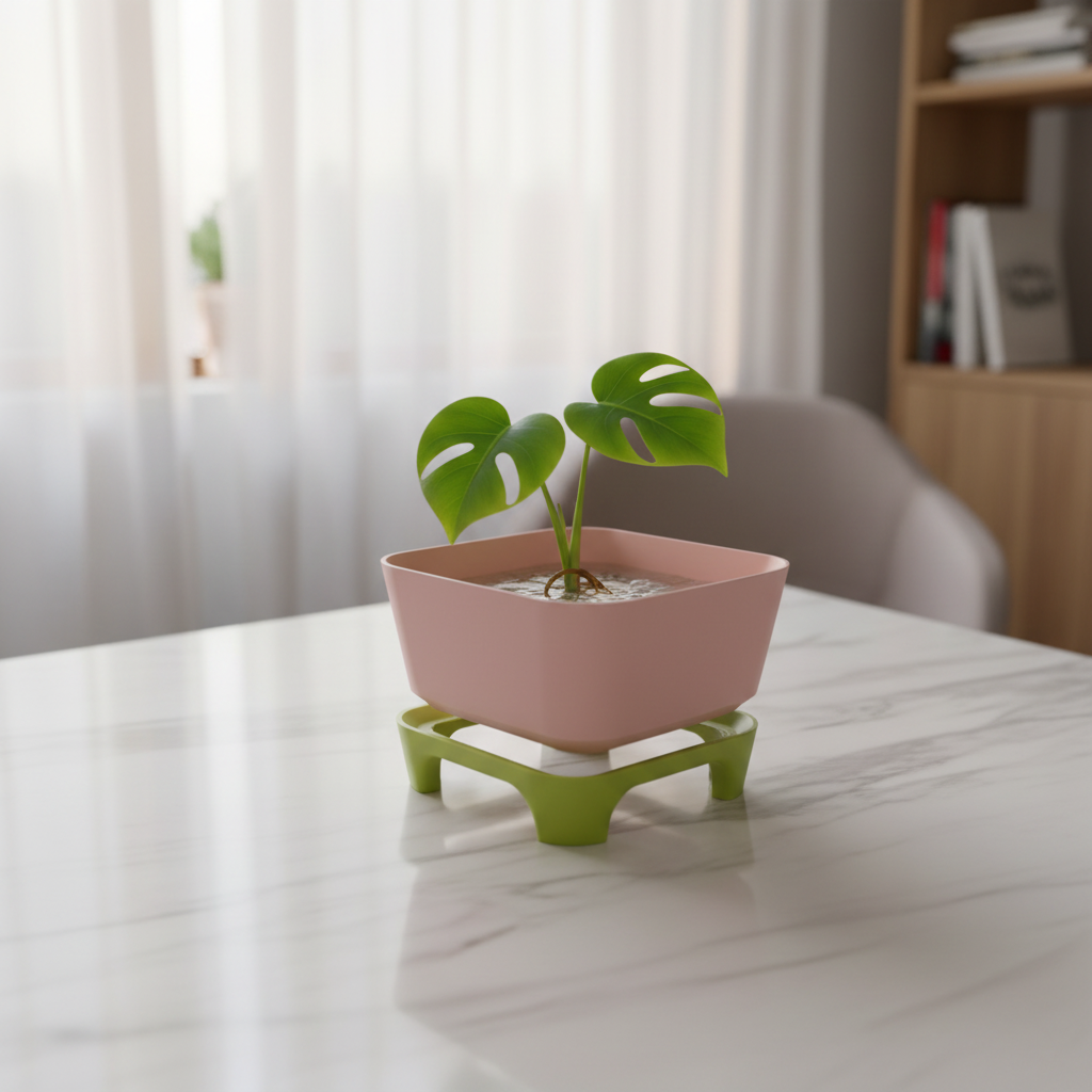 Two-Part Raised Planter pink and olive on desk with monstera