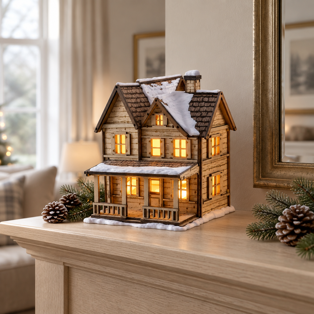 Snowy Tealight House displayed on a pale oak mantel with subtle evergreen accents