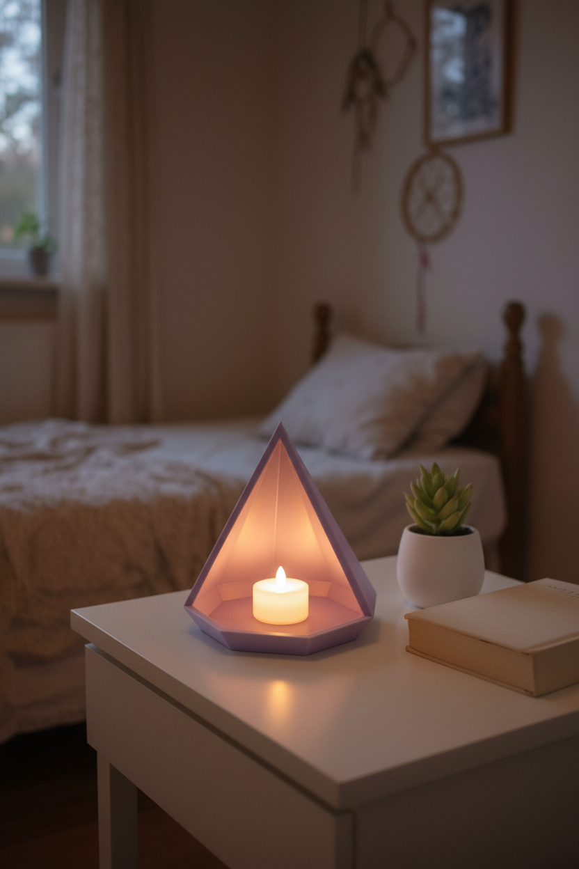Lavender purple geometric pyramid tray on bedside table with glowing LED tealight and book