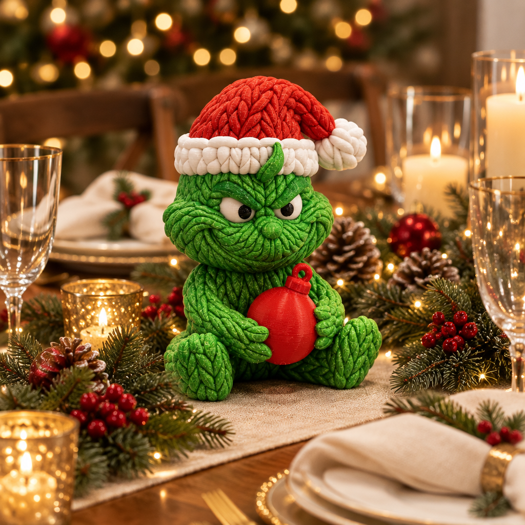 Knitted Grinch figure styled as a Christmas dining-table centrepiece