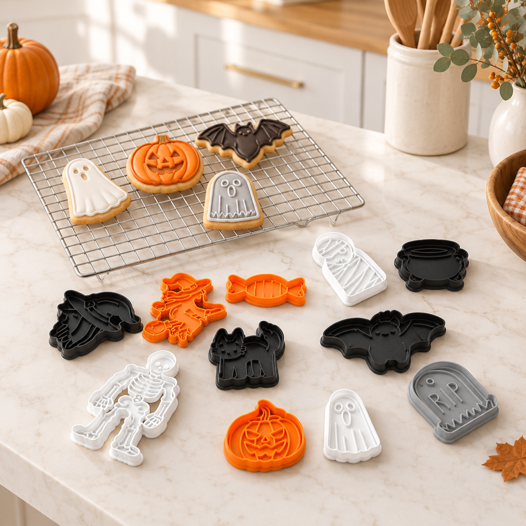 Halloween cookies cooling beside the matching colourful cutters