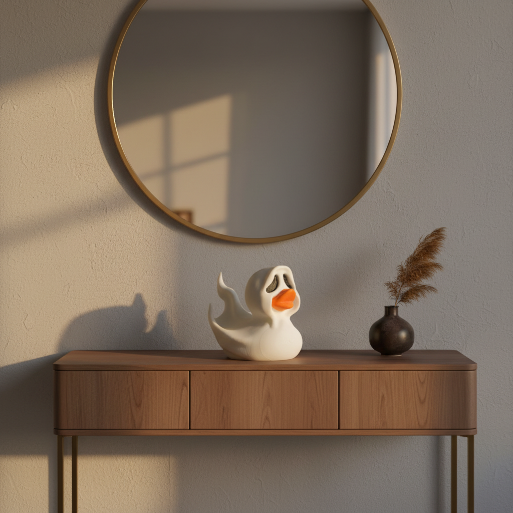 White Halloween ghost duck sculpture on a hallway console