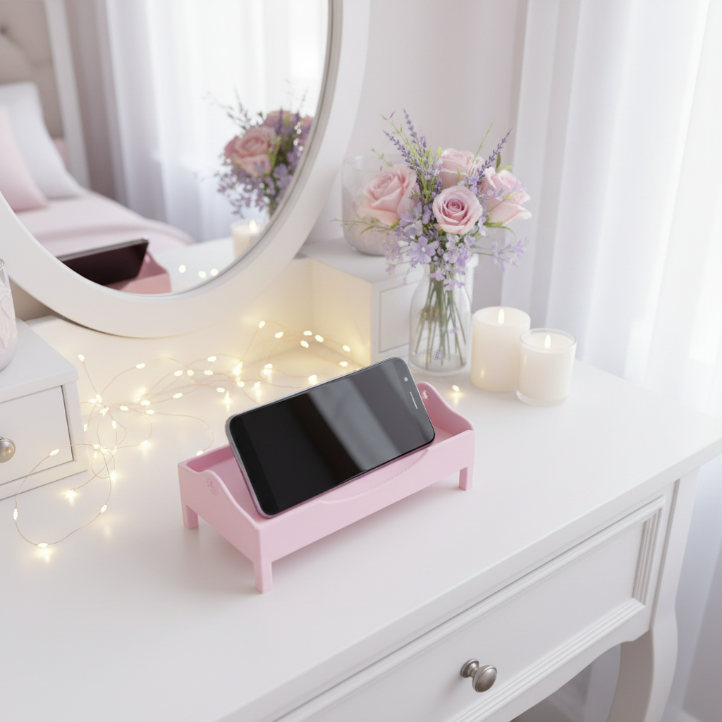 Pink Smartphone Bed on a dressing table with fairy lights candles and flowers