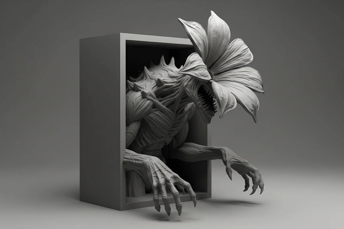 Stranger Things Demogorgon book nook relief sculpture grey framed box side profile full three dimensional depth massive flower head rising above frame both hands extending beyond frame edges neutral studio raking side light landscape editorial