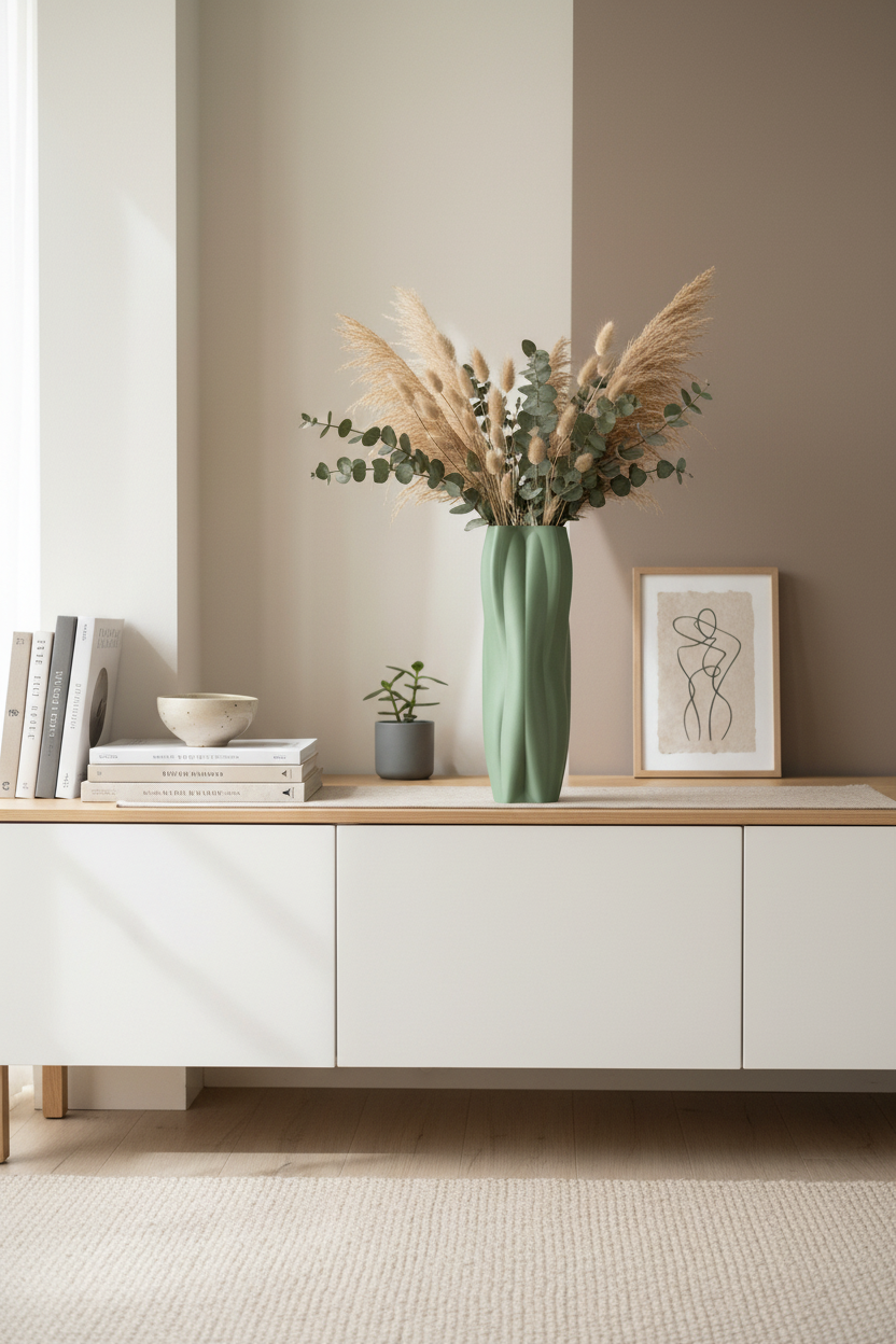 Sage green wave vase with pampas on oak sideboard - lifestyle