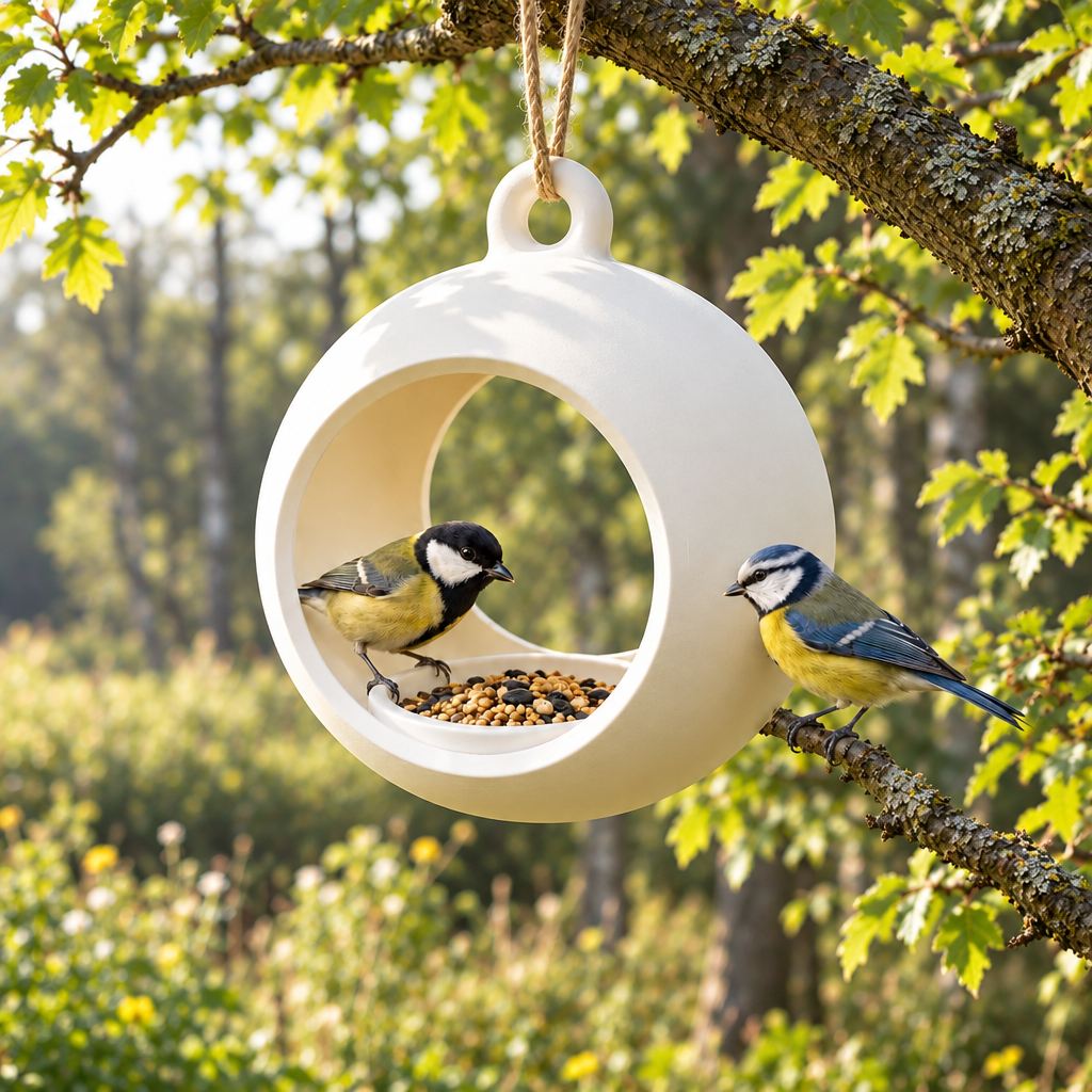Round hanging feeder near a woodland edge