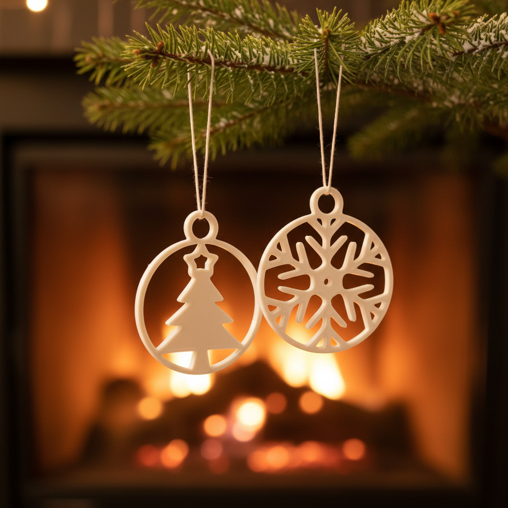 Close-up of snowflake and tree ornaments on pine branch with fireplace bokeh lifestyle