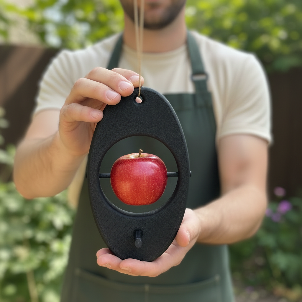 Hands holding black apple bird feeder in garden - lifestyle