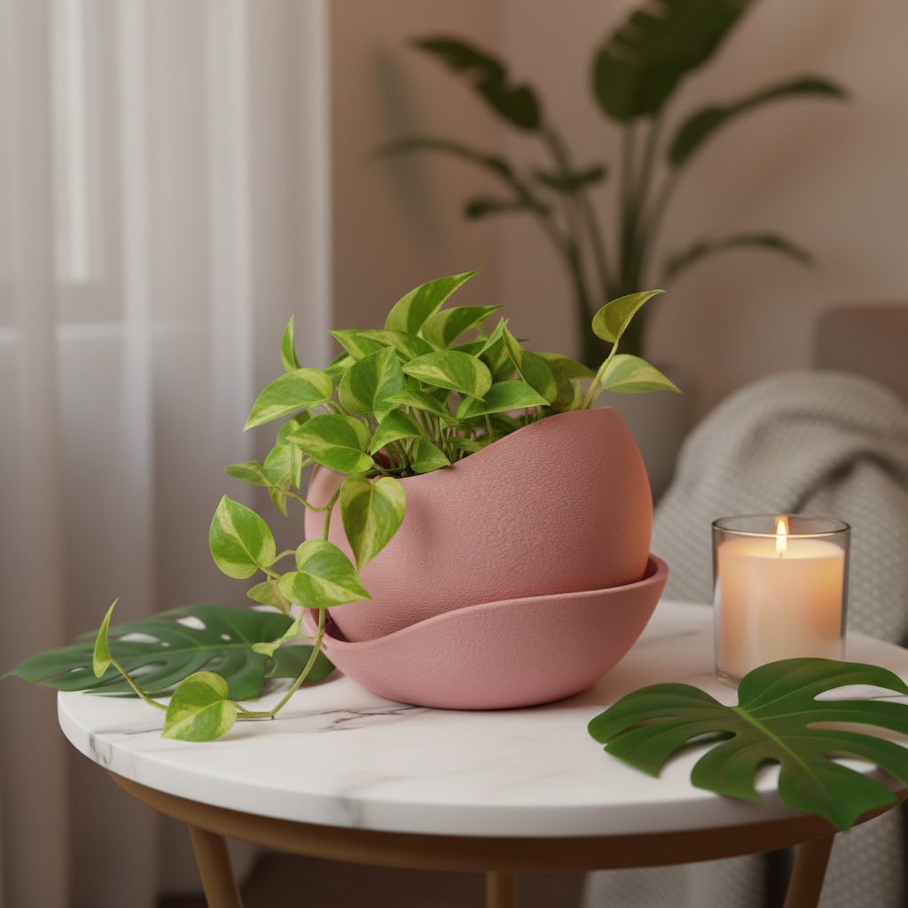 Dusty pink shark skin plant pot with trailing pothos on a marble side table with a candle and monstera leaves