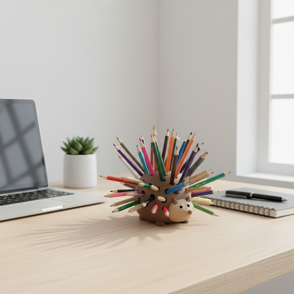 Pencil Hedgehog on a minimalist home office desk beside a laptop and plant