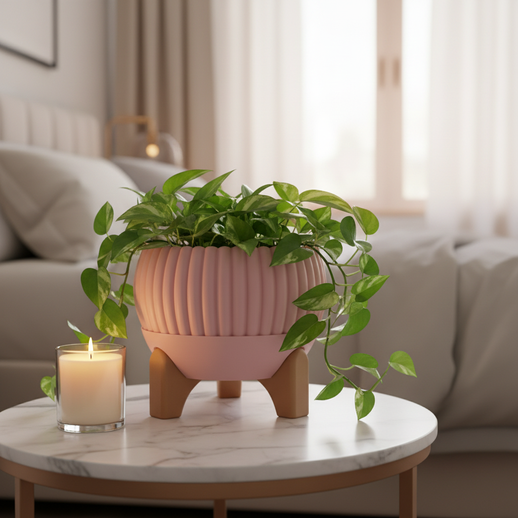 Dusty pink Luma ribbed planter with trailing pothos on a marble side table with a candle