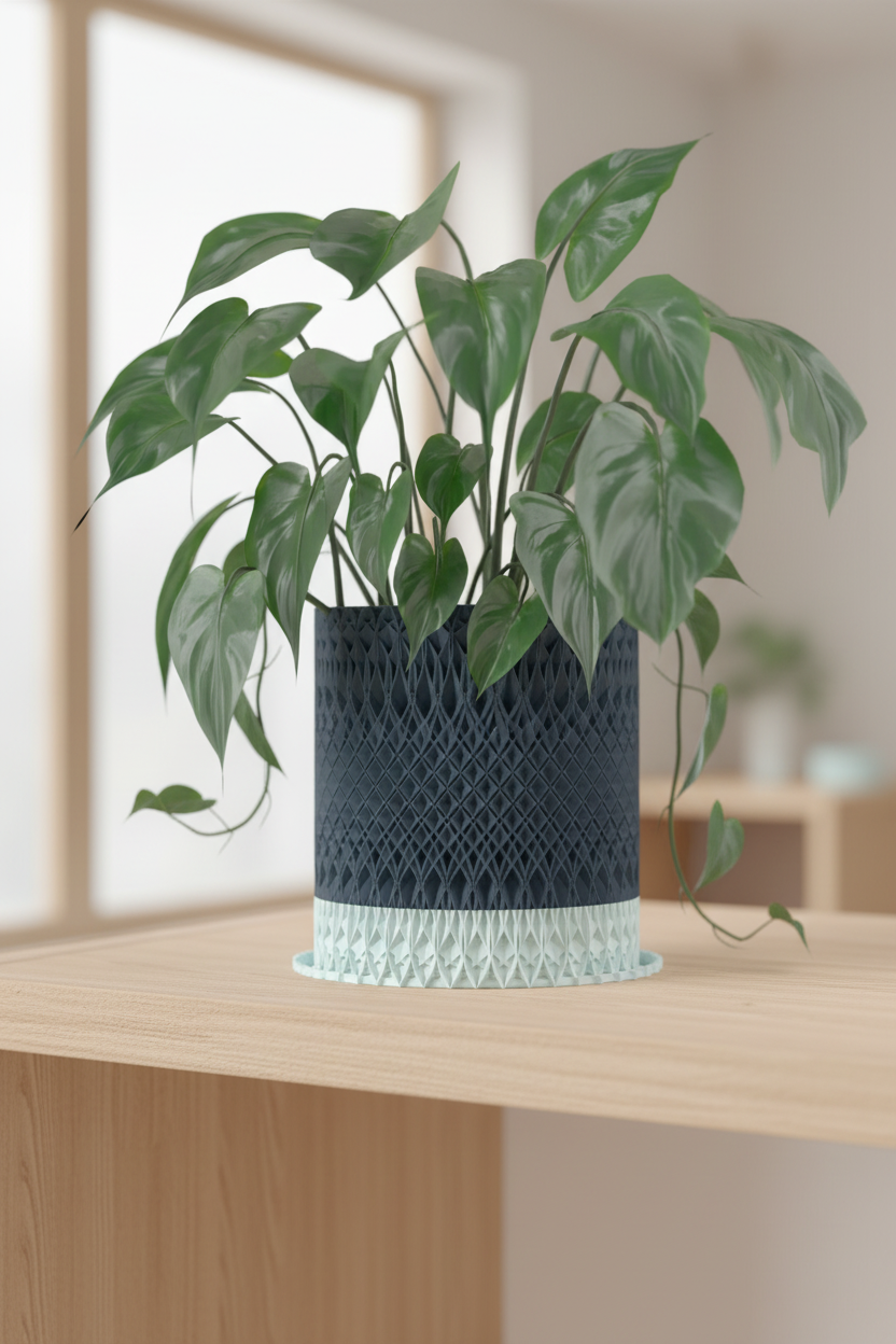 Geometric Textured Plant Pot dark navy diamond lattice two-tone matching pale ice-blue drainage saucer base holding trailing Pothos pale oak shelf bright Japandi interior