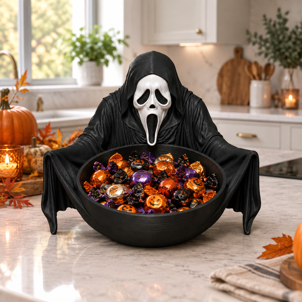 Black Ghostface-inspired sweet tray filled with wrapped sweets in a bright autumn kitchen