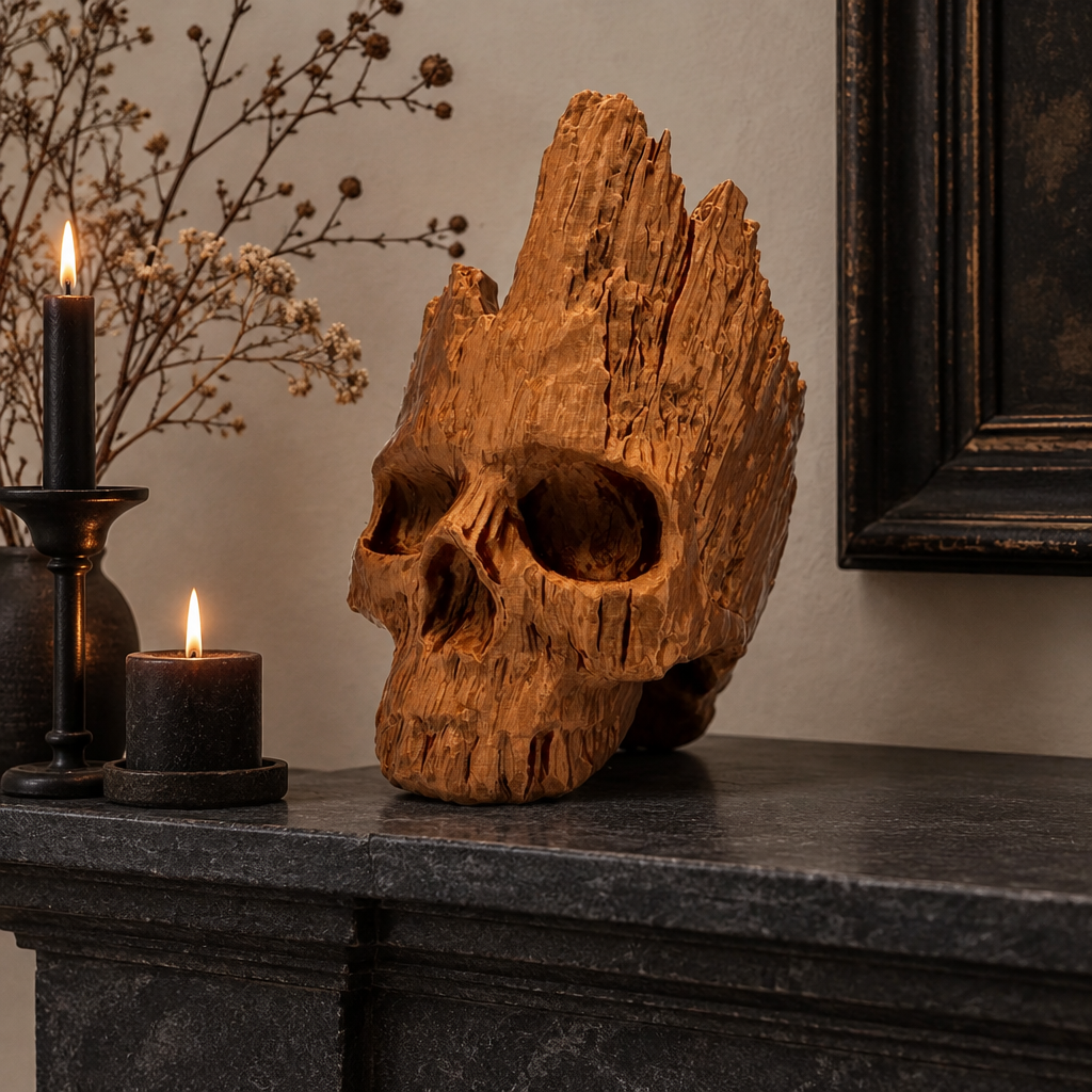 Brown carved-grain skull on a charcoal mantel with candleholders and dried branches