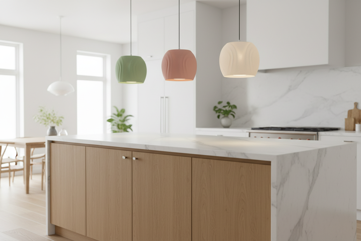 Three Tri Tear pendant shades in sage green pink and white over white kitchen island Scandinavian lifestyle