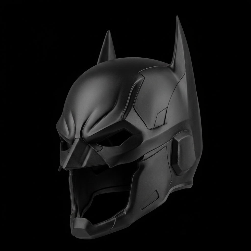 Batman cowl helmet replica sculpture black matte extreme close up macro three quarter twin bat ears angular faceted armoured visor every panel line armour segment pure black studio dramatic split raking light square editorial
