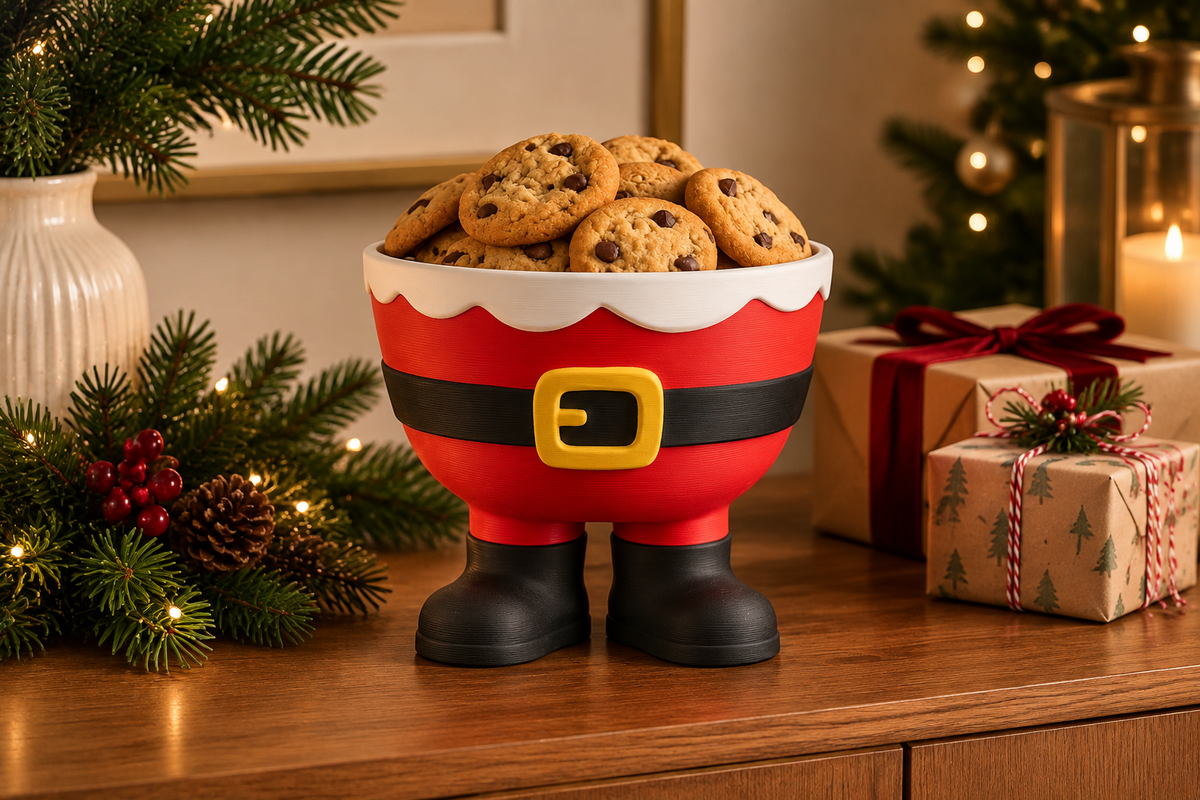 Santa sweet bowl on a Christmas sideboard with greenery
