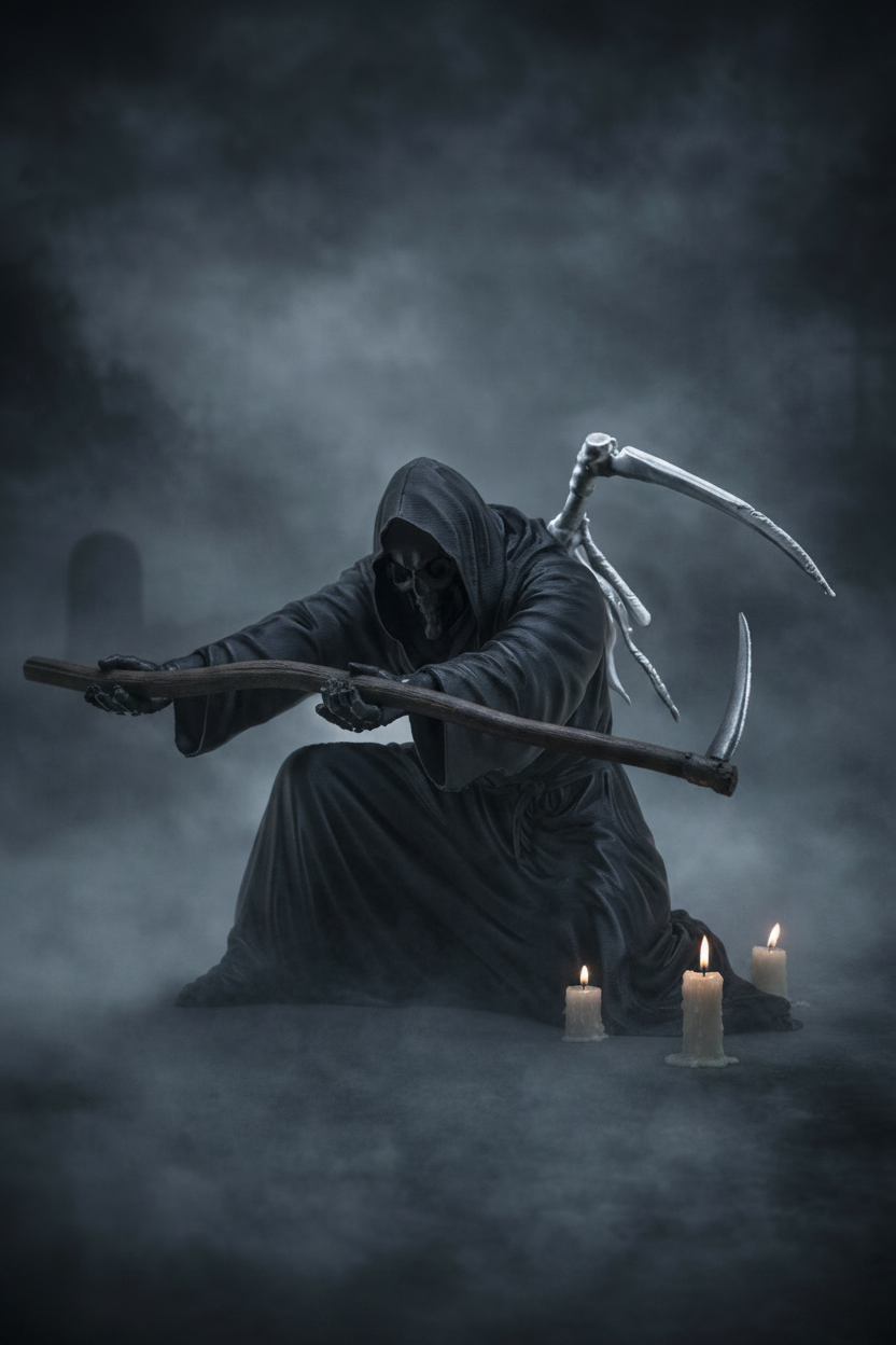 Grim Reaper Pen Holder cinematic mist Halloween editorial