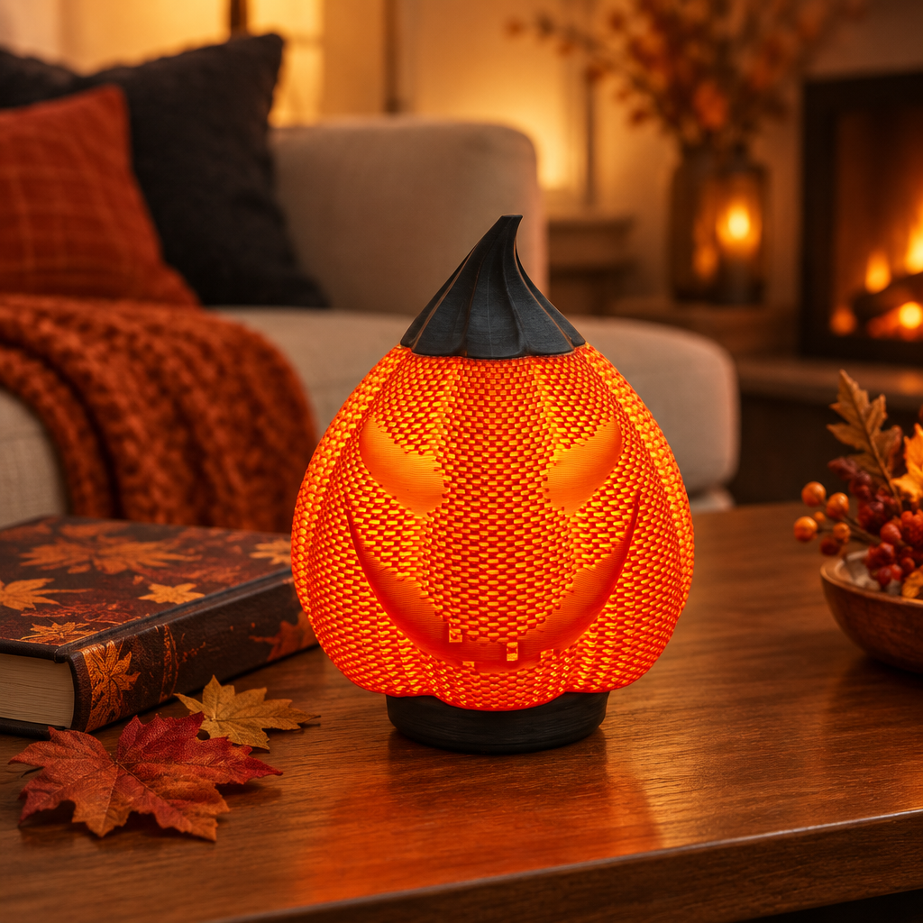 Orange Evil Pumpkin decoration on a coffee table in a cozy Halloween living room