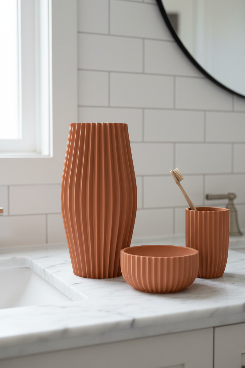 Terracotta ribbed vase on marble bathroom vanity with matching ribbed collection - lifestyle