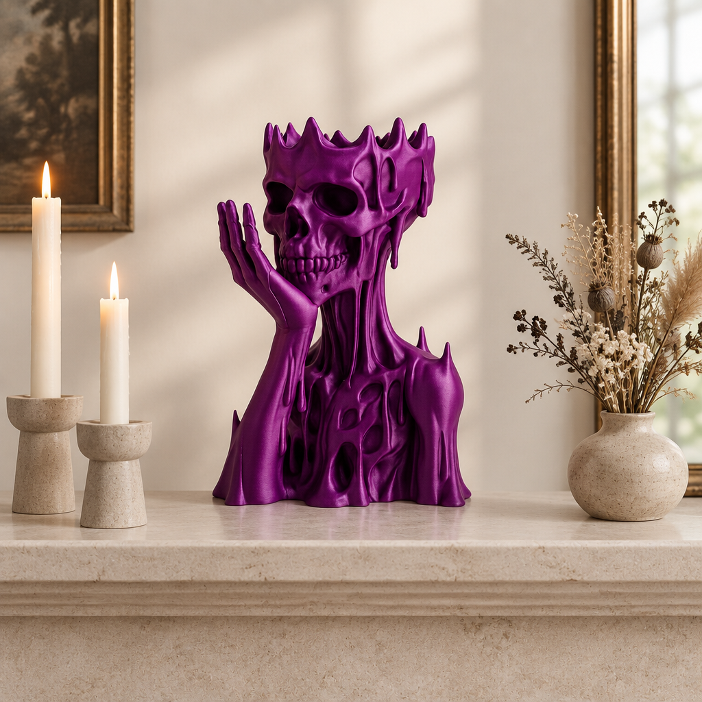 Purple skull and upper torso ornament displayed on a light stone mantel with neutral candle holders.