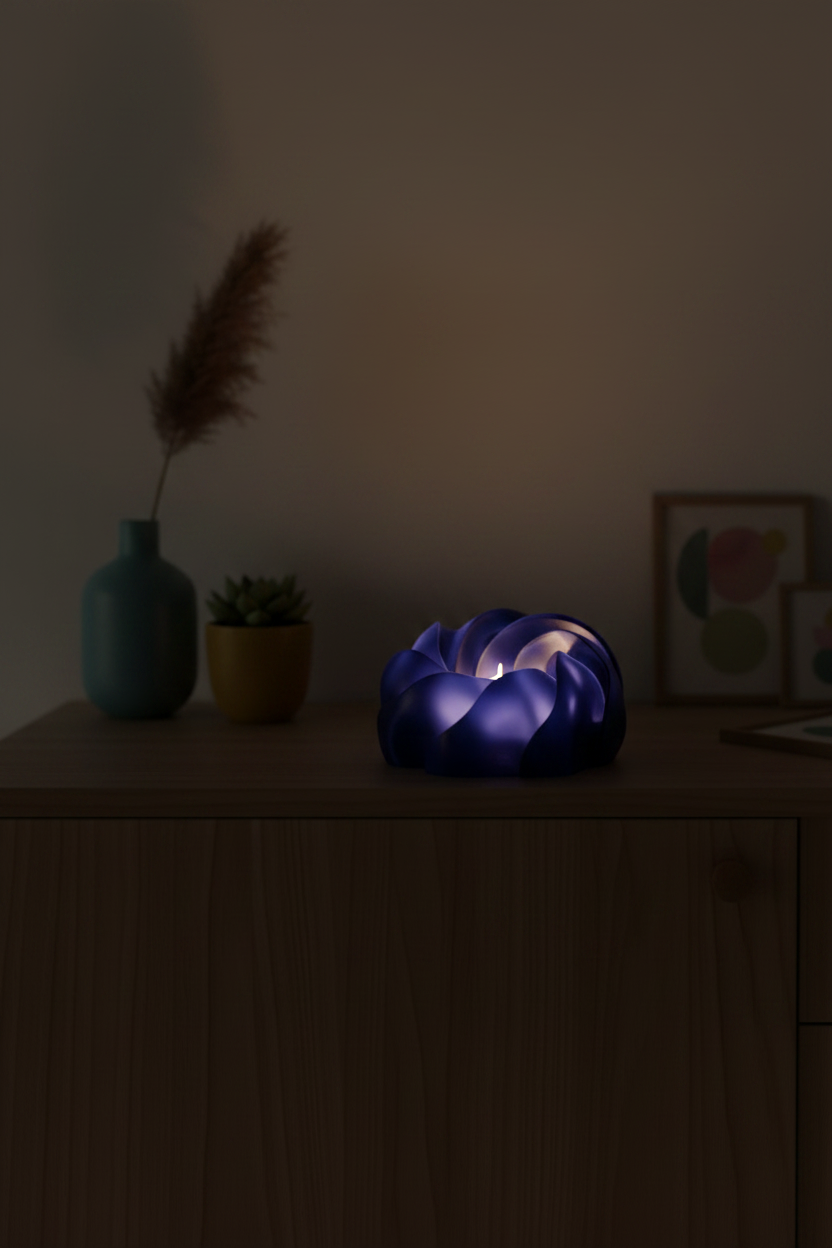 Cloud Twist Lamp deep indigo blue smooth twisted ribbon petal bloom LED tealight warm glow warm walnut shelf moody sophisticated living room dramatic raking side light dark background portrait