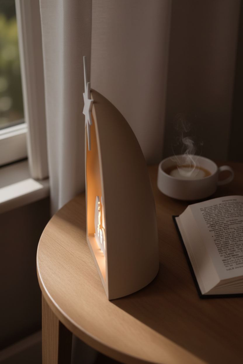 Nativity scene glowing on bedside table beside open book and tea cup lifestyle