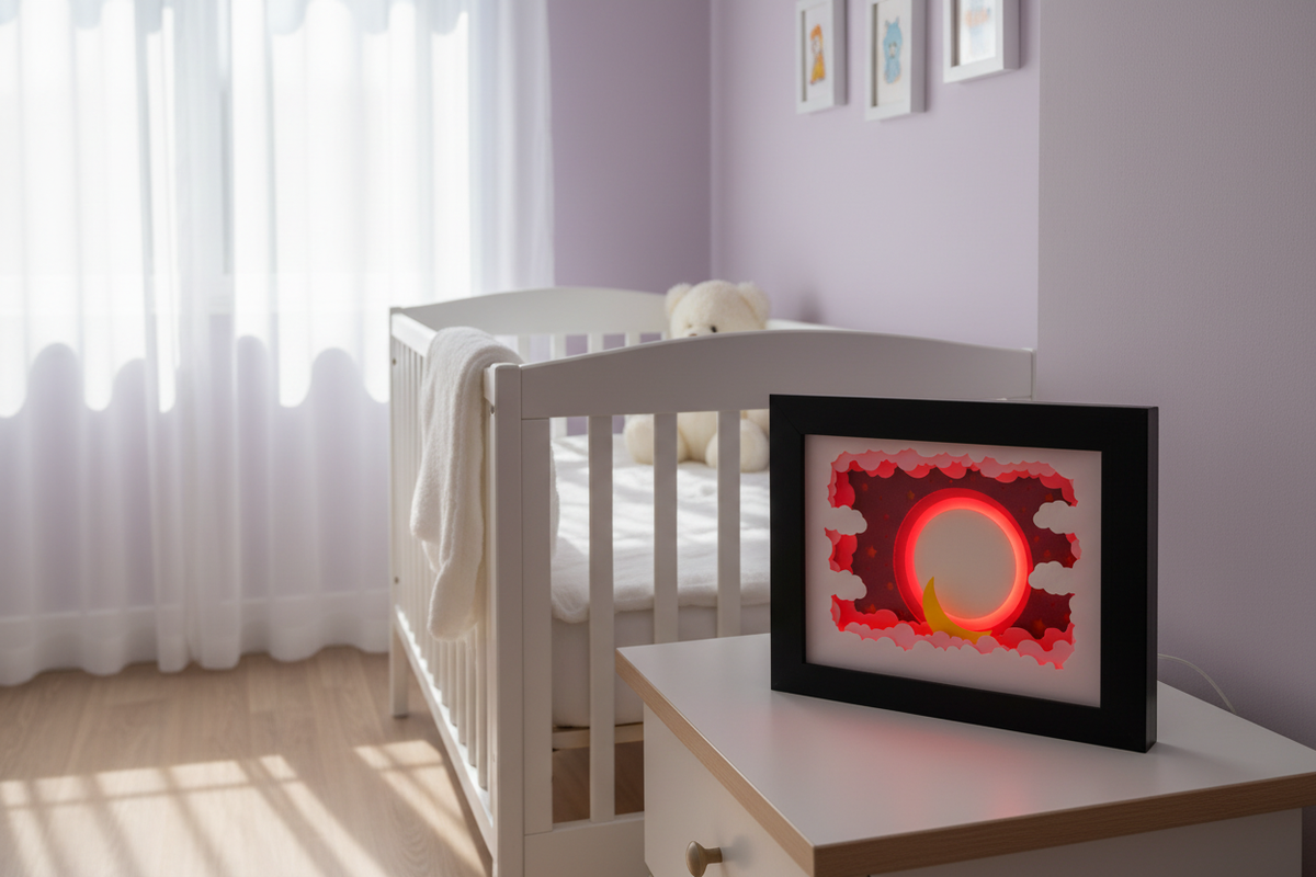 Baby Photo Frame Shadow Box on a bedside table in a soft pastel nursery with a cot and morning light